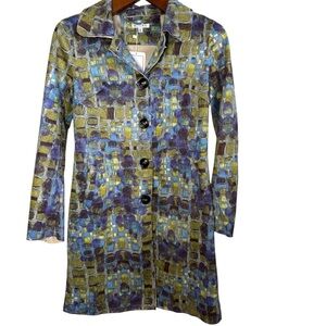 Adore Print Trench Coat Green Blue Geometric Print Size Small NWT